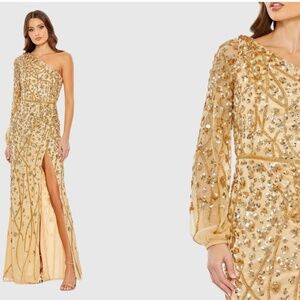 MAC DUGGAL 5659 GOLD EMBELLISHED ONE LONG SLEEVE FAUX WRAP THIGH SLIT GOWN sz 8